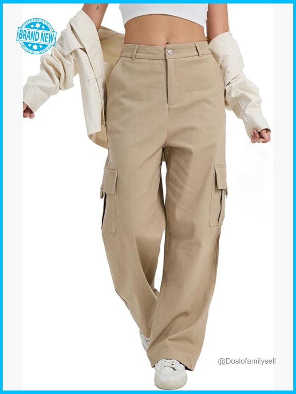 High Waist Wide Leg Stretchy Pull On Baggy Cargo Pants with Pockets